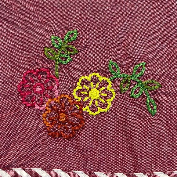 BECHAMEL Embroidered Floral Cotton Dress Small Red White Stripes Pockets Garden - Picture 14 of 15